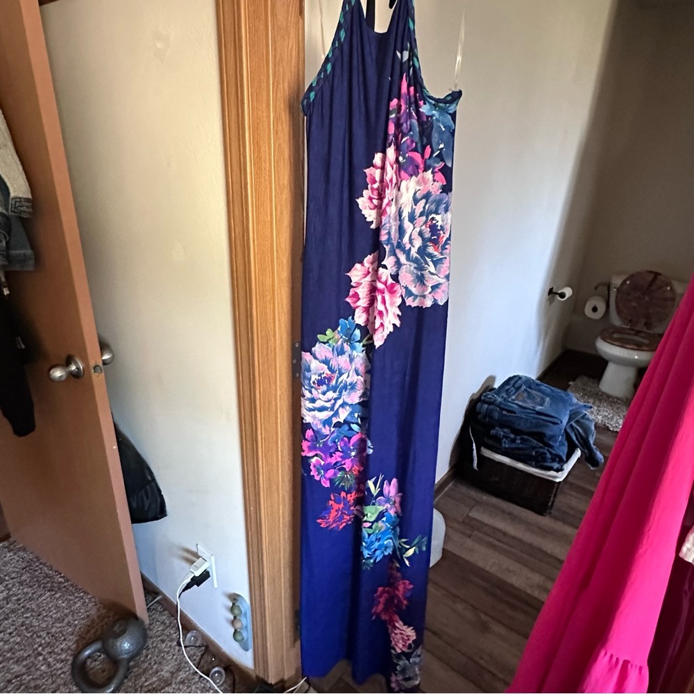 Floral Maxi Dress with Blue and Pink Accents